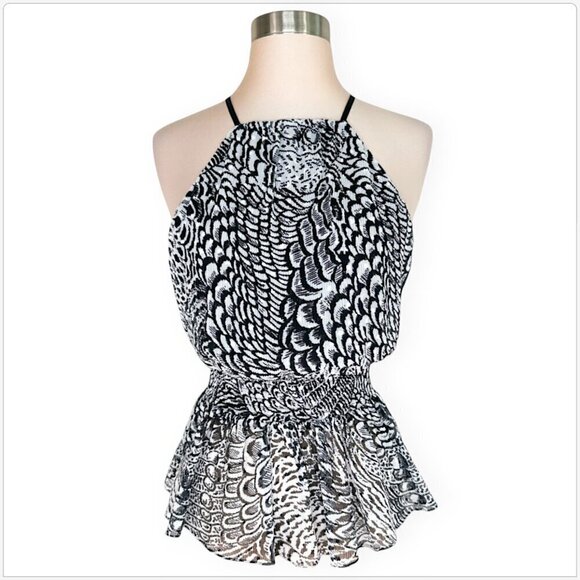 BCBGMaxAzria BCBG Black White Combo Pleated Peplum Smocked Waist Top NWT NEW S - Picture 3 of 5